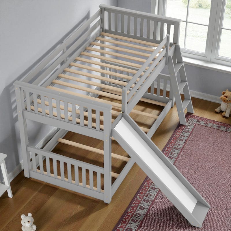 Twin Over Twin / Full Over Full Wooden Bunk Bed with Convertible Slide and Ladder, Guardrails, No Box Spring Needed