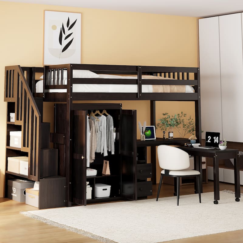 Space-Saving Twin Loft Bed with Stairs, Bookshelf, Drawers, Desk & Wardrobe for Kids & Teens - Espresso