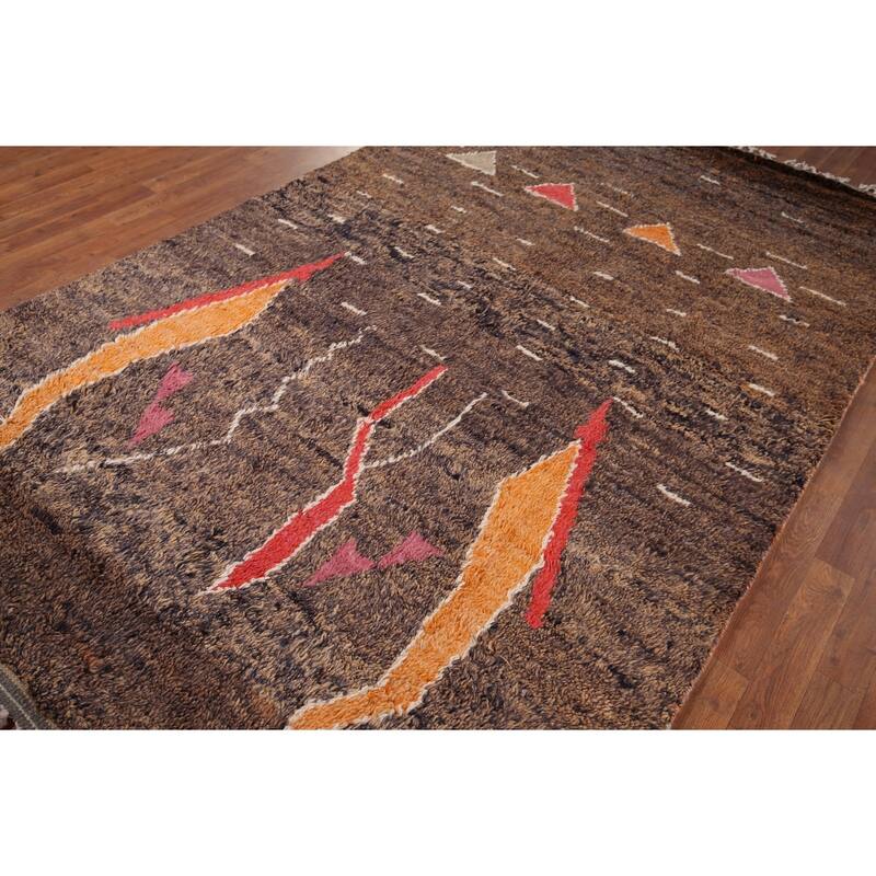 Brown Plush Moroccan Area Rug Hand-Knotted Wool Carpet - 5'10" x 9'6"