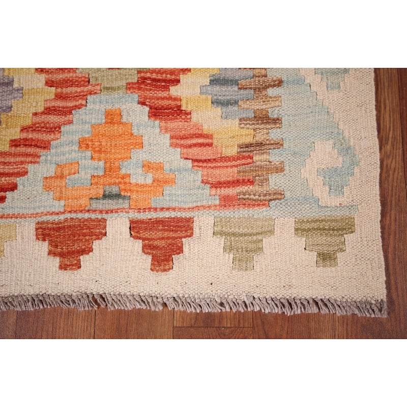 Geometric Kilim Oriental Runner Rug Hand-Woven Wool Carpet - 2'9"x 16'4"