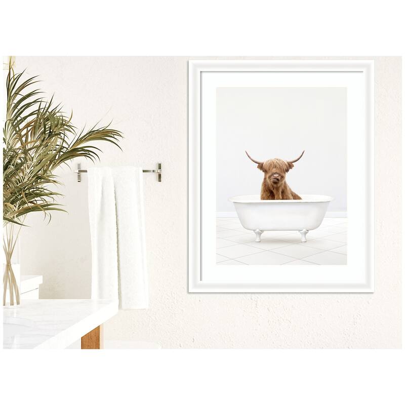 Kate and Laurel Highland Cow Solo Bathtub by Amy Peterson Framed Wall Art Print