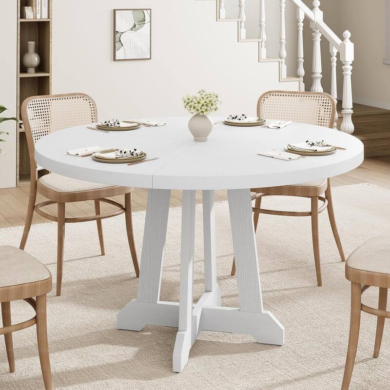 47 Inch Round Farmhouse Kitchen Dining Table for 4-6 with Wood Pedestal Cross Base (Only Table) - White