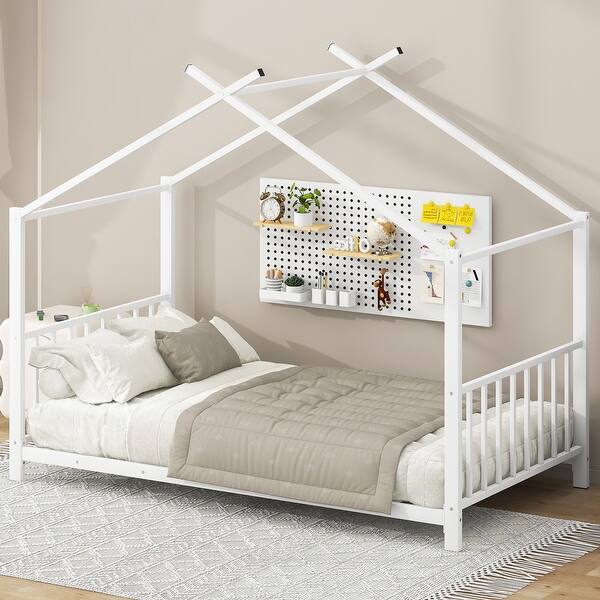 slide 2 of 12, Twin Size Metal House Kids Bed Frame, Cute Montessori-Inspired Design for Bedroom, Easy Assembly, Safe and Sturdy, White White