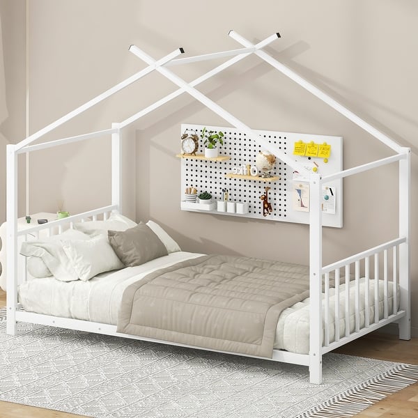 slide 2 of 15, Twin Size Metal House Platform Bed with Roof Design, House Bed with Slats Support for Kids Teens White