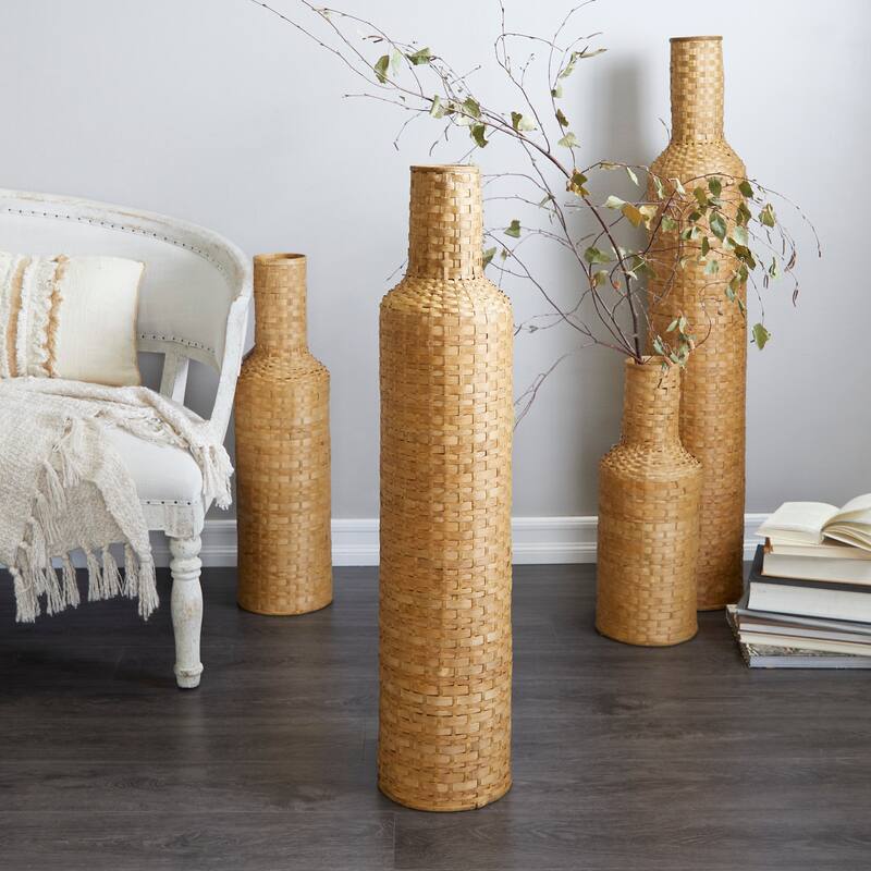 Intricately Woven Tall Bamboo Wood Floor Vase - White or Brown