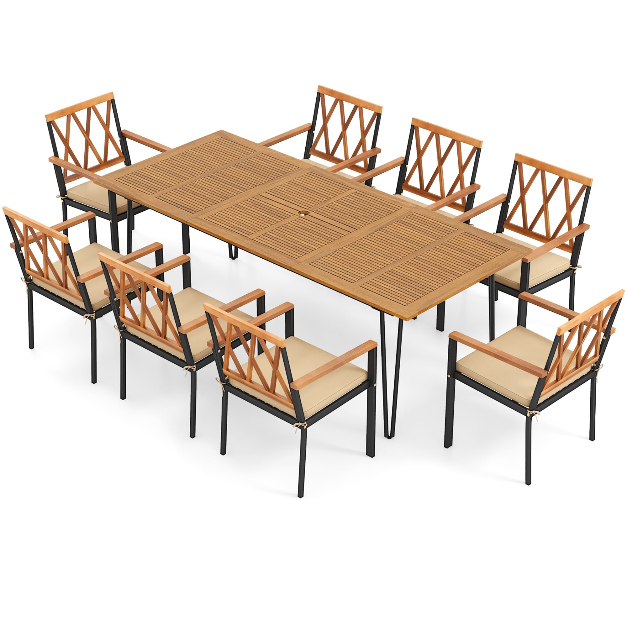 Gymax 9 PCS Patio Dining Set w/ 8 Chairs Acacia Wood Table Top