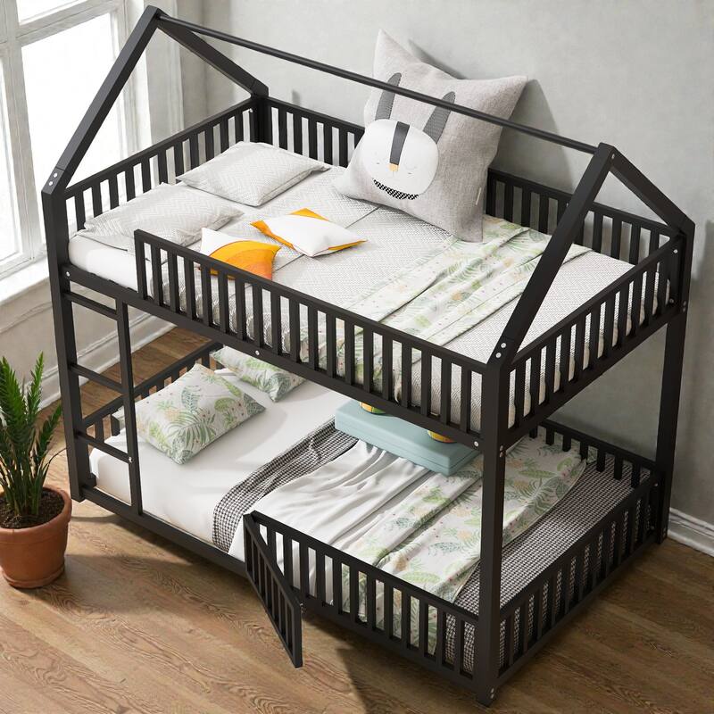 Metal Twin over Twin House Bunk Bed with Fence Guardrails and Door, Kids Playhouse Bunk Bed Frame, No Box Spring Needed