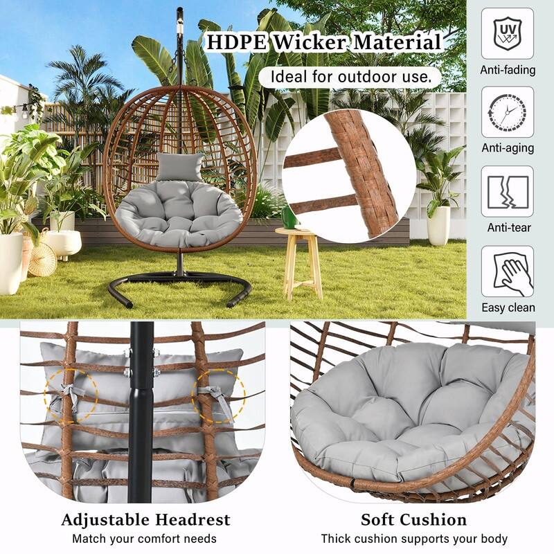 Single Person Folding Egg Chair with Stand, Indoor Outdoor Hanging Wicker Swing Chair with Adjustable Feet
