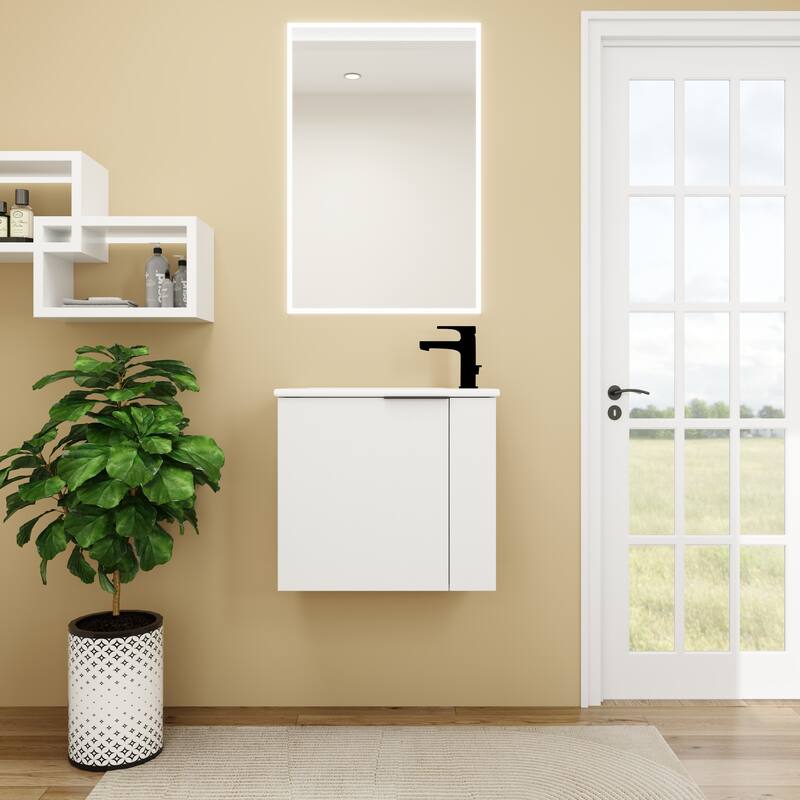 Contemporary Bathroom Vanity with Ceramic Vessel Sink, Soft-Closing Doors, Matte Black Pull Handle - 22in L Plywood - White