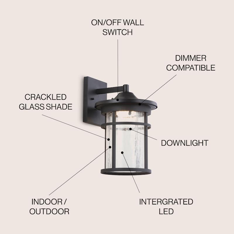 Minimo Outdoor Wall Lantern Crackled Glass/Metal Integrated LED Wall Sconce Black by JONATHAN Y