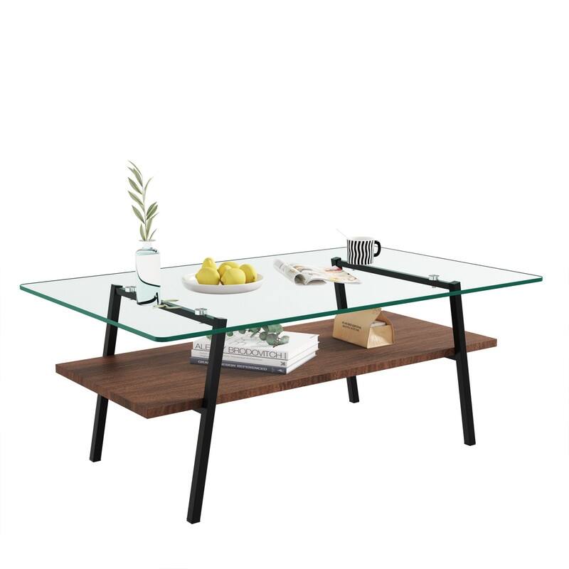 Rectangle Tempered Glass Coffee Table with Metal Legs