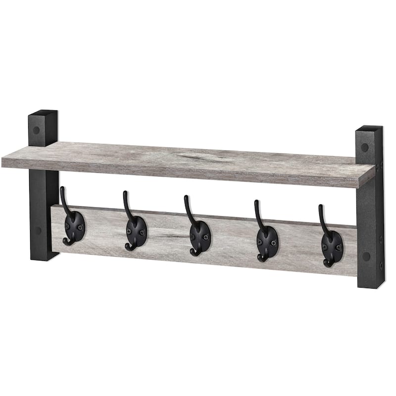 Sorbus Coat Hooks Wall Mount Floating Shelf with 5 Heavy Duty Hooks, Large and Extra Large
