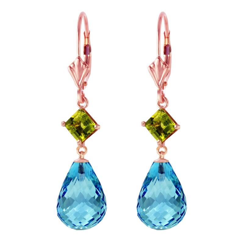 14K Solid Gold Leverback Earrings Peridot & Blue Topaz Gemstone