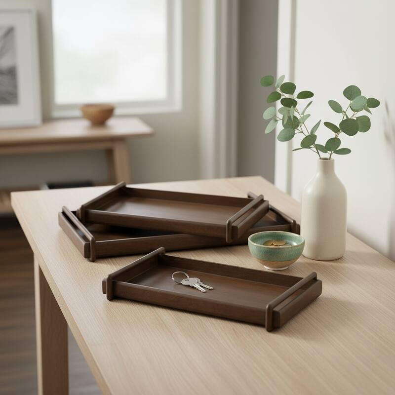 Wooden Decorative Tray with Side Handles - Set of 3 - Brown, 18"-22" - 26.0"