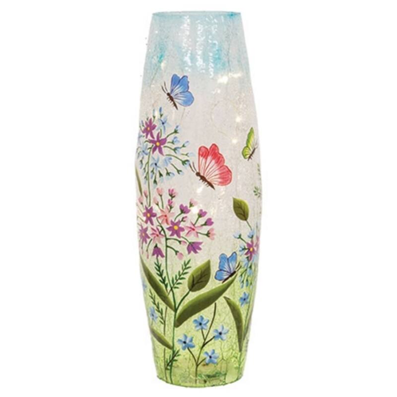Butterfly Crackled Glass Light Up Vase with LED Lights - Multi