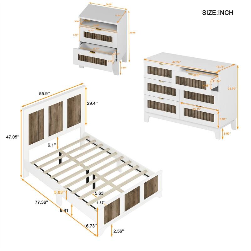 4-Pieces Bedroom Sets, Full/Queen Size Platform Bed with Wooden Strip Decoration, 2 Storage Nightstands and Dresser
