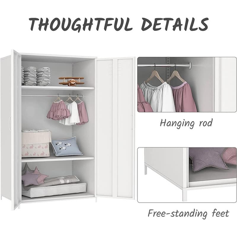Double Doors Metal Locker Cabinet Storage with Hanging Rod and Shelves for Bedroom School Classroom