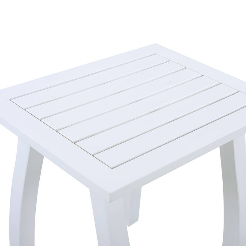 Roomfitters SELMA Acacia Wood Accent Side Table, Weather-Resistant Rectangular Patio End Table with Curved Legs, White PU