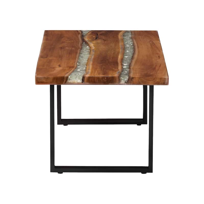 Apio Wood Epoxy Resin Coffee Table with Glass Inlay - Rectangular Live Edge Teak wood Accent Table with Black Metal Base