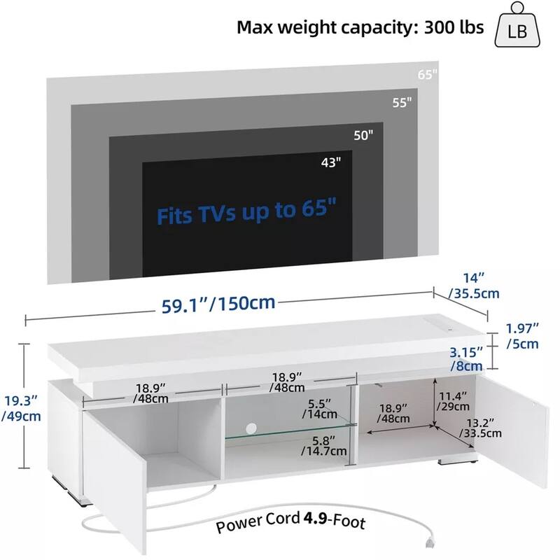TV Stand with Power Outlets & Led Lights for TVs Up to 65" - 58 inches
