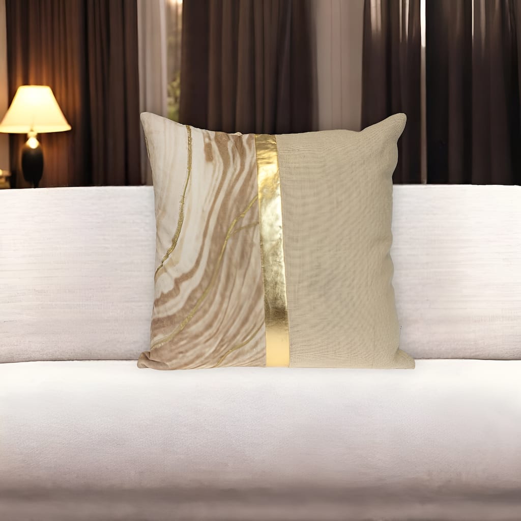 HomeRoots 20" Beige and Gold Striped Cotton Blend Throw Pillow