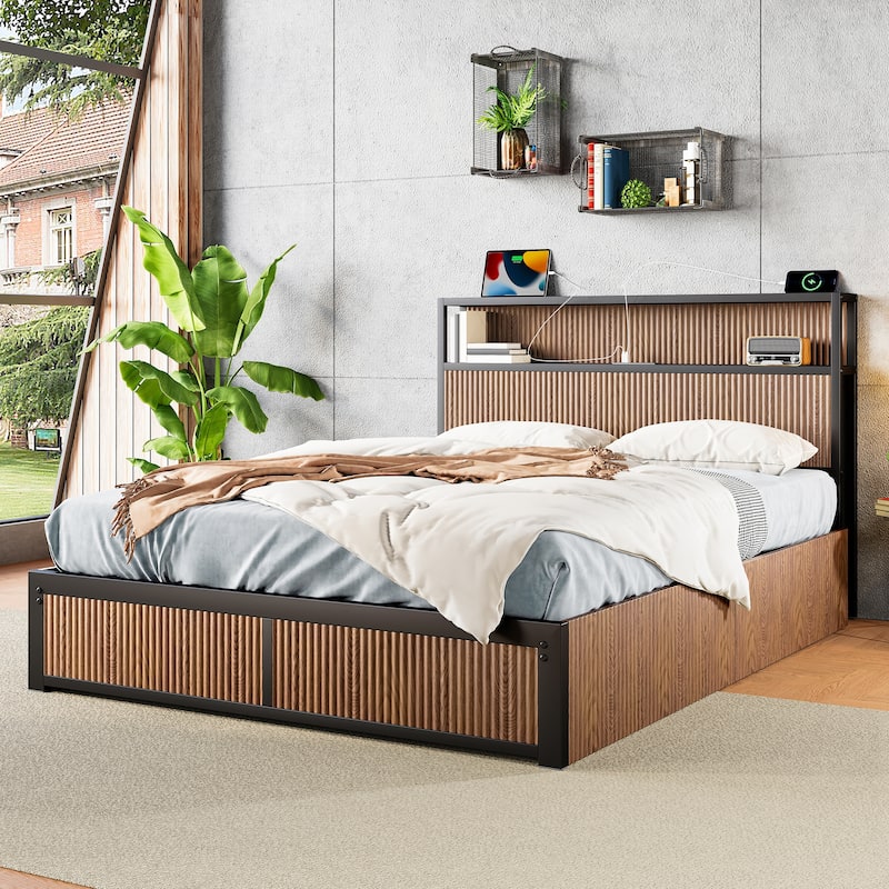 Queen Size Wooden Platform Storage Bed Frame with Drawers, USB Socket, and Brown Wood Finish