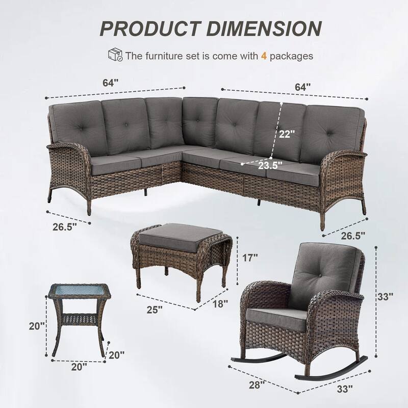 Gymojoy Outdoor Sectional Sofa Set with Rocking Chairs, Ottomans, Water-Resistant Cushions