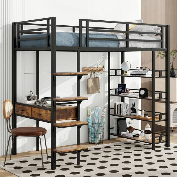 slide 2 of 11, Black Twin Size Metal Loft Bed with Desk, Ladder, Fence, and Shelves for Kids Twin - Black