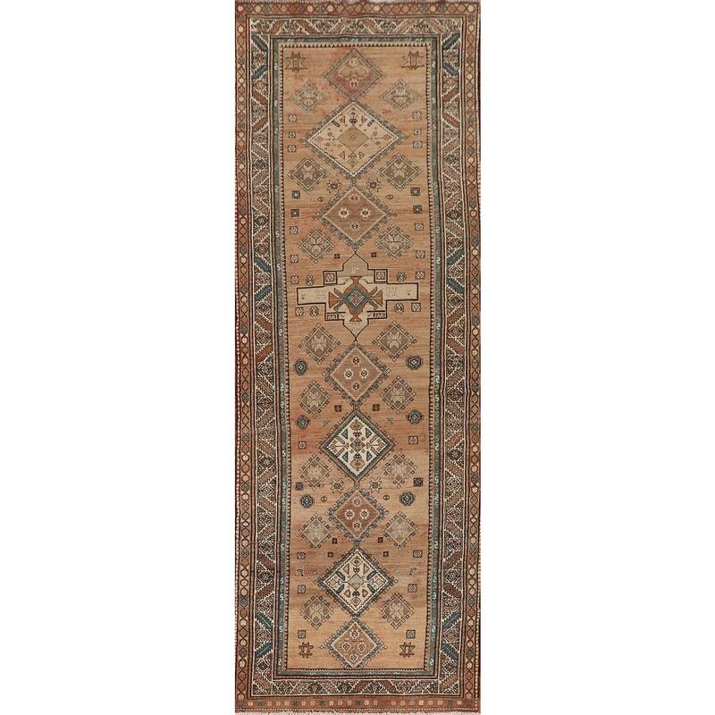 Geometric Heriz Persian Vintage Runner Rug Handmade Wool Carpet - 3'9"x 13'1"
