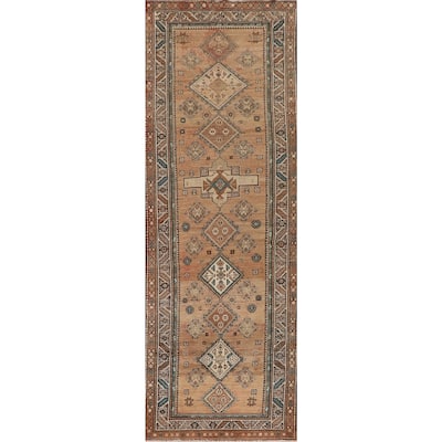 Geometric Heriz Persian Vintage Runner Rug Handmade Wool Carpet - 3'9"x 13'1"