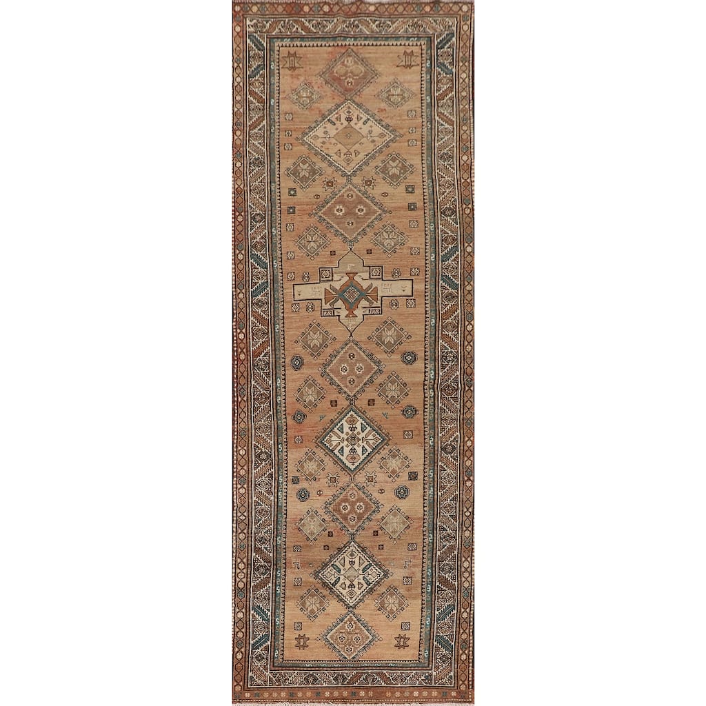 Geometric Heriz Persian Vintage Runner Rug Handmade Wool Carpet - 3'9"x 13'1"