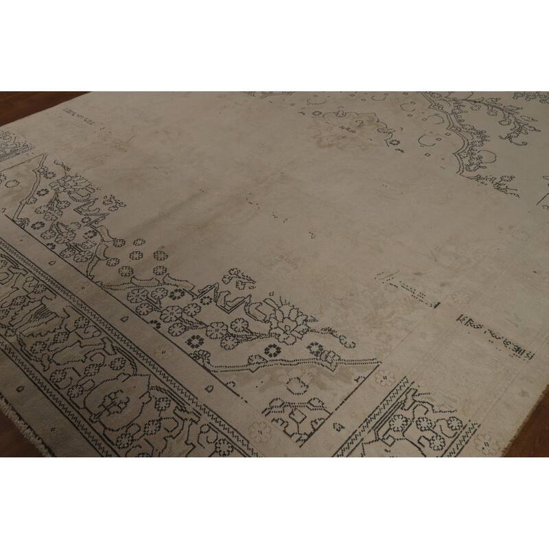 Distressed Tabriz Persian Vintage Rug Handmade Beige Wool Carpet - 8'0" x 11'6"