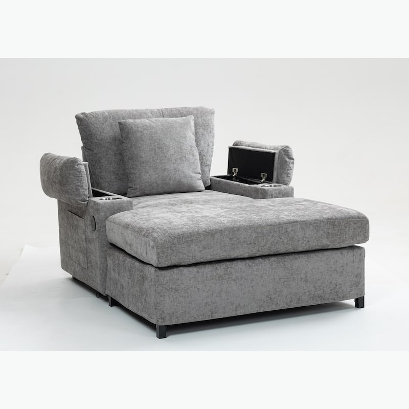 Modern Oversized Chaise Lounge Chair with Ottoman, Chenille Fabric Sofa Bed, Single Accent Chair with Cupholders, USB Ports