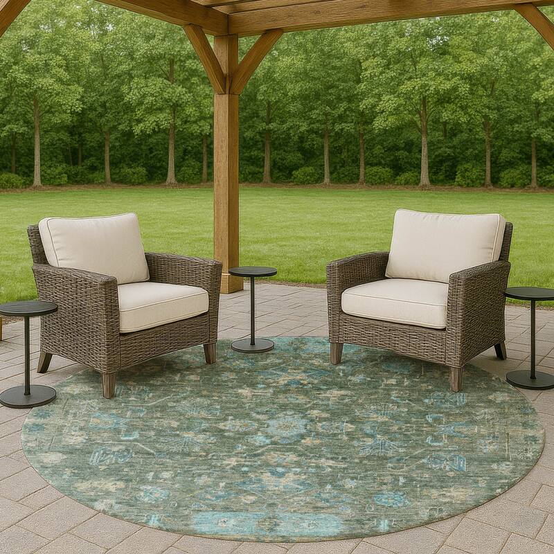 Machine Washable Indoor/ Outdoor Traditional Border Chantille Rug - Sage - 8' x 8'