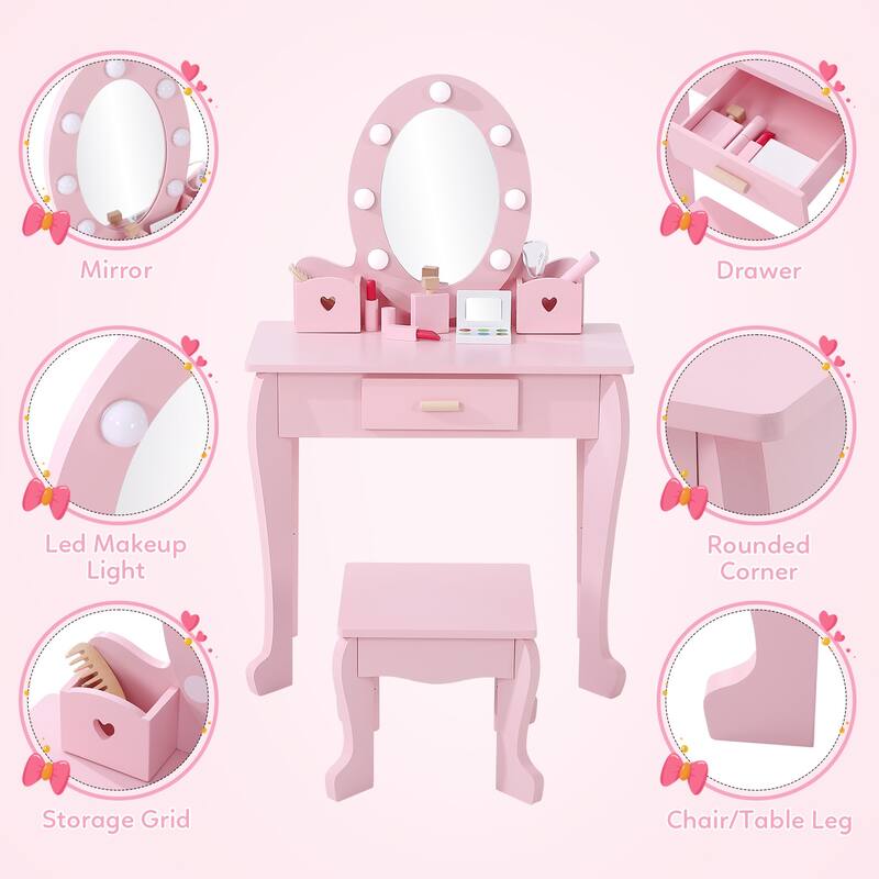 Kids Wooden Dressing Table Round Mirror with Lights Stool Bed Bath & Beyond 38406653