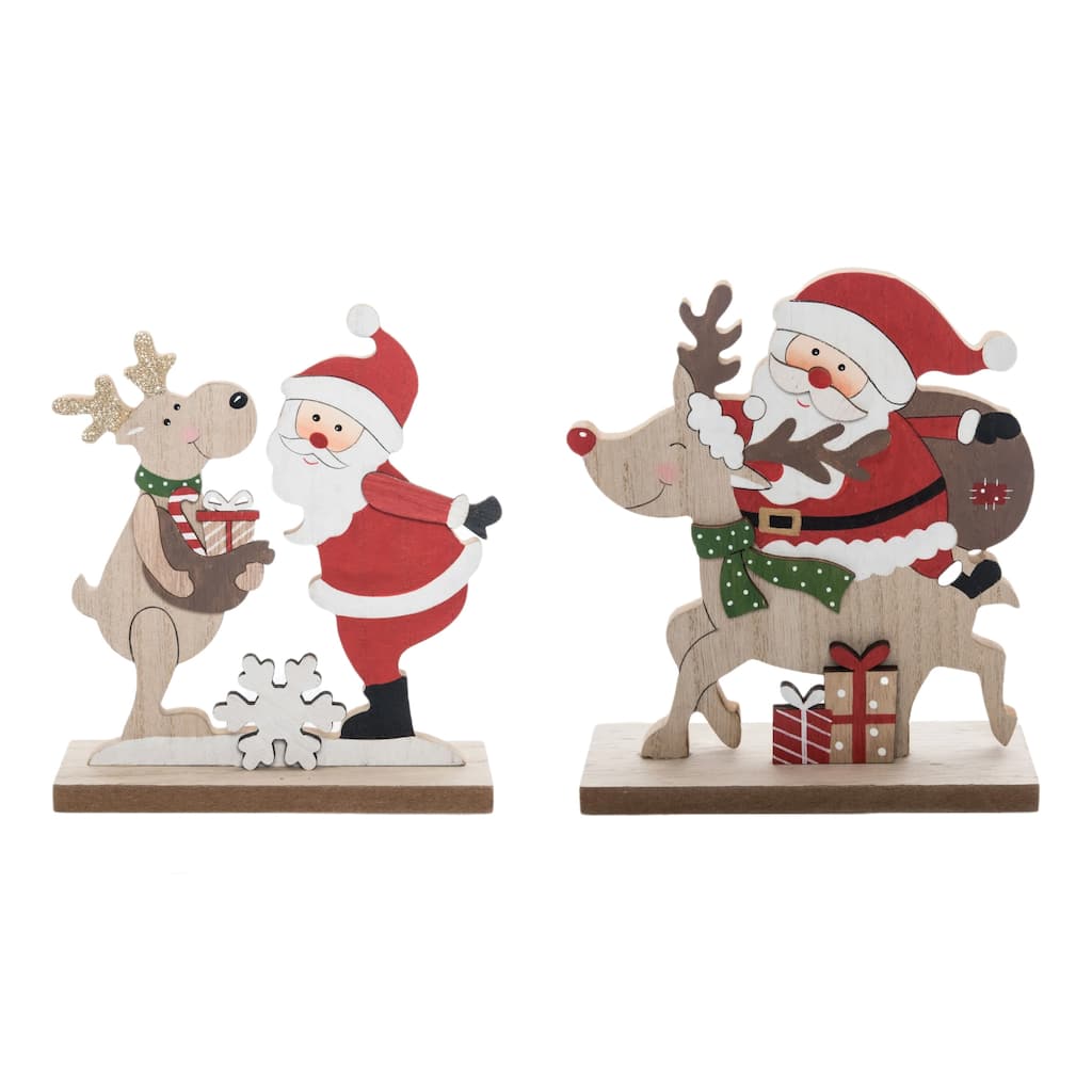 Transpac MDF Santa w/Reindeer Decor Set of 2 Christmas Home Decorations