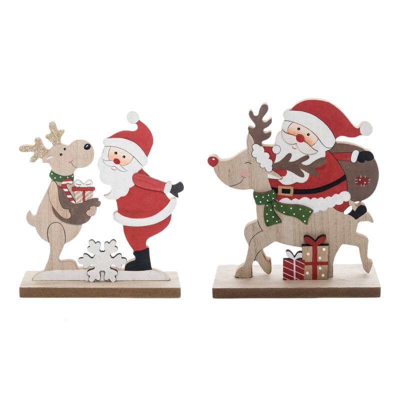 Transpac MDF Santa w/Reindeer Decor Set of 2 Christmas Home Decorations