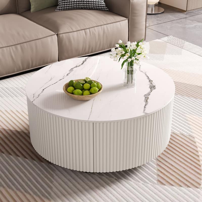 Modern Round Coffee Table with Casters, 2-Drawer Mobile Table with Marble Pattern Sintered Stone Top