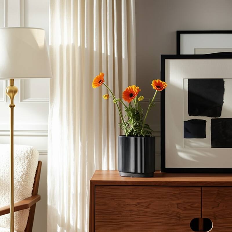 Ceramic Modern Ridged Decorative Vase - Black, 8"