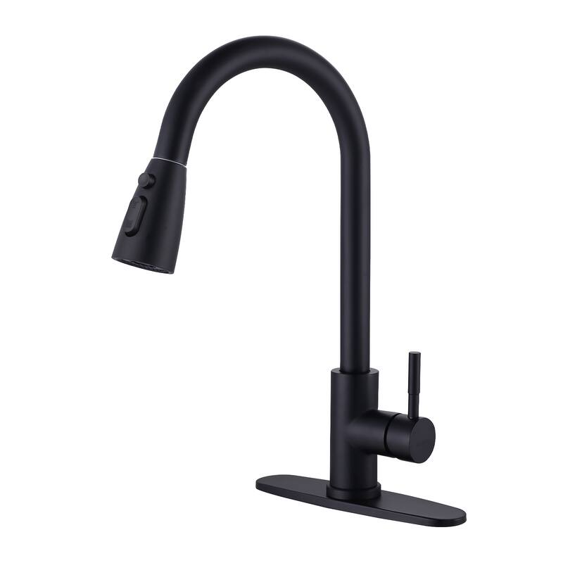 WOWOW 3-Function Pull down Sprayer Kitchen Faucet with Deckplate - Without Soap Dispenser - Matte Black