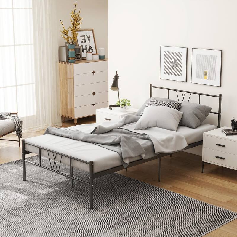 Twin Size Metal Platform Bed Frame with Headboard Footboard, Heavy Duty Steel Slat Support, Easy Assembly Mattress Foundation - Twin