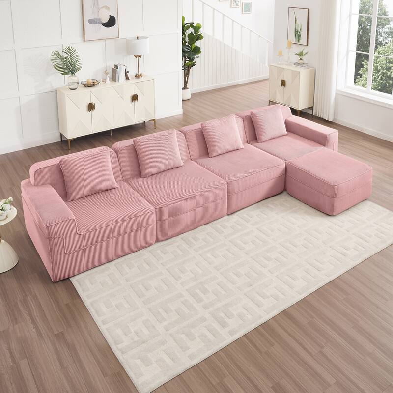 GDFStudio - Corduroy Modular 4-Seater 153.5" L-Shaped Boneless Cloud Sofa with Ottoman - Pink