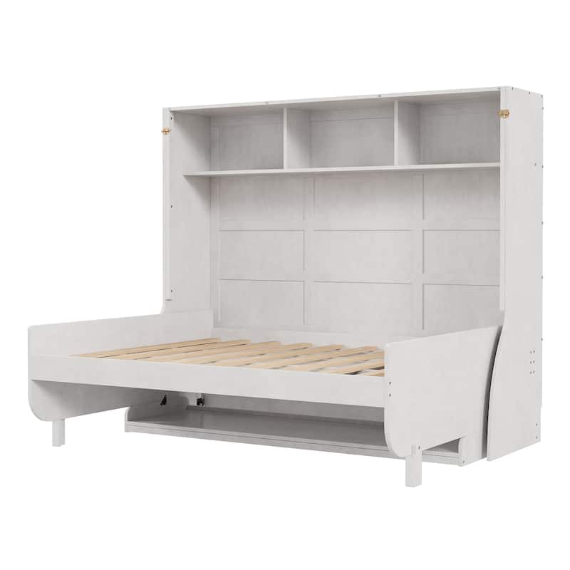 Convertible Desk Murphy Bed Frame, Full Size Platform Bed Folding Into Cabinet Bed with Wooden Slats Support for Bedroom