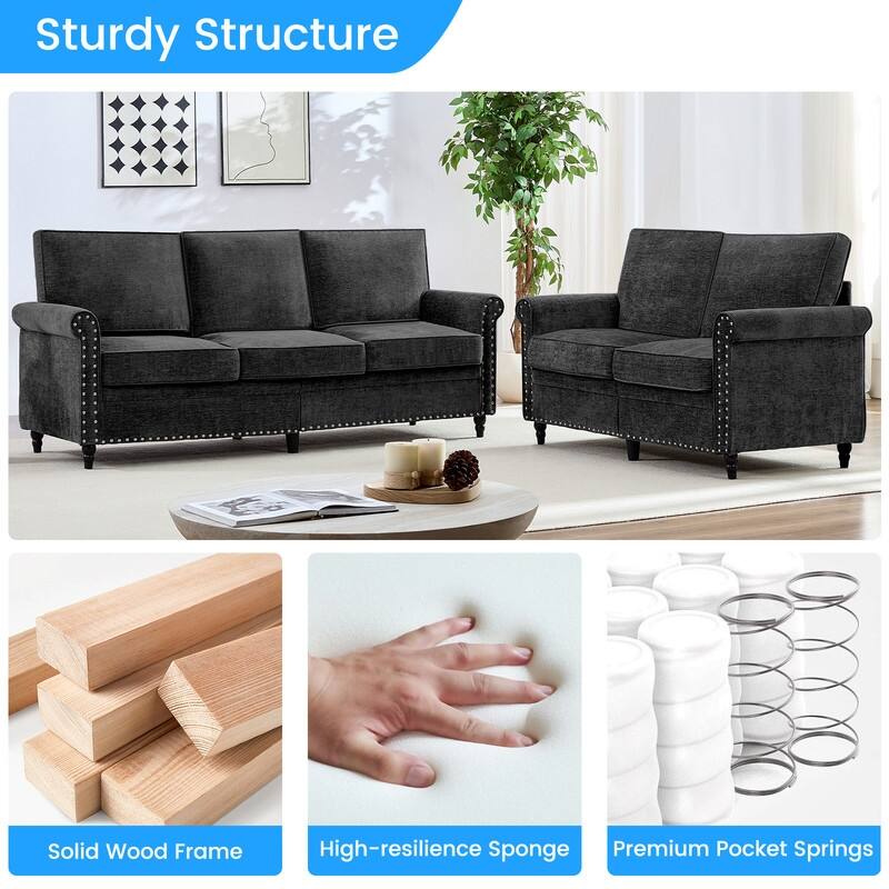 Mixoy 2 Piece Living Room Sofa Set with Riveted Design,Chenille Nailhead W76''3-Seater Sofa Couch with W53''Loveseat Sofa