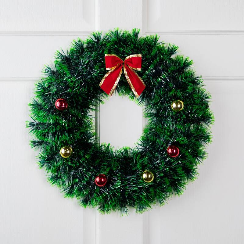 Tinsel Artificial Christmas Wreath with Ornaments and Bow - 17" - Unlit