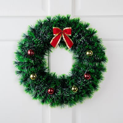 Tinsel Artificial Christmas Wreath with Ornaments and Bow - 17" - Unlit