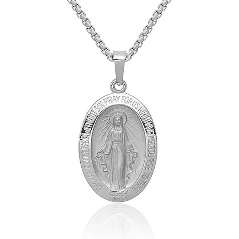 Curata 14k Yellow or White Gold 18" 27x14mm Satin Miraculous Medal Pendant Necklace - White
