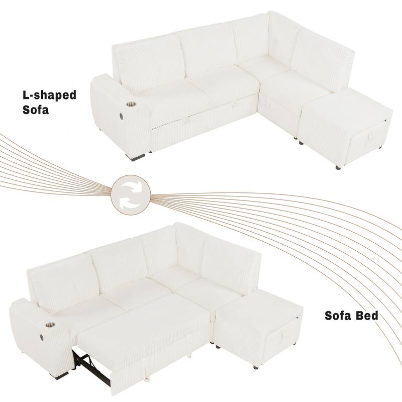 94" Convertible L-shaped Sectional Sofa with Pull-out Bed, Movable Ottoman and Stool, Storage, Cup Holder, and USB Ports