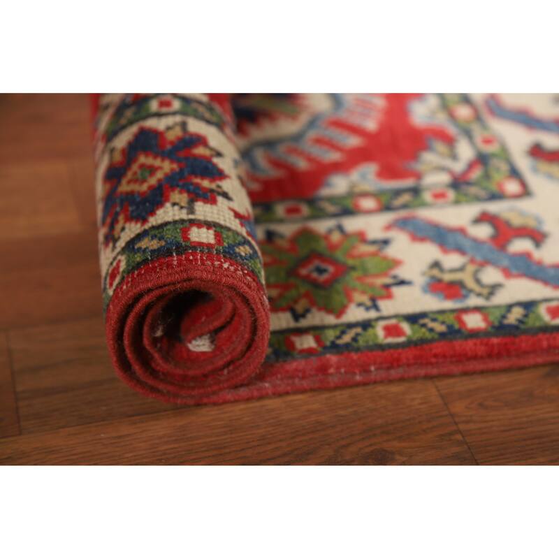 Red Geometric Kazak Oriental Accent Foyer Rug Hand-Knotted Wool Carpet - 2'0"x 3'0" - 2'0"x 3'0" - Red
