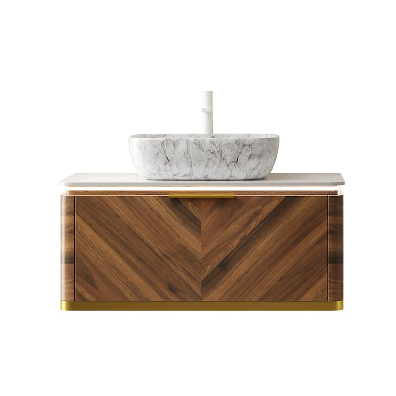 GDFStudio - Dipa Modern 36" Floating Bathroom Vanity with Sensor Light, Drawer & Marble Pattern Ceramic Basin, WITHOUT Faucet